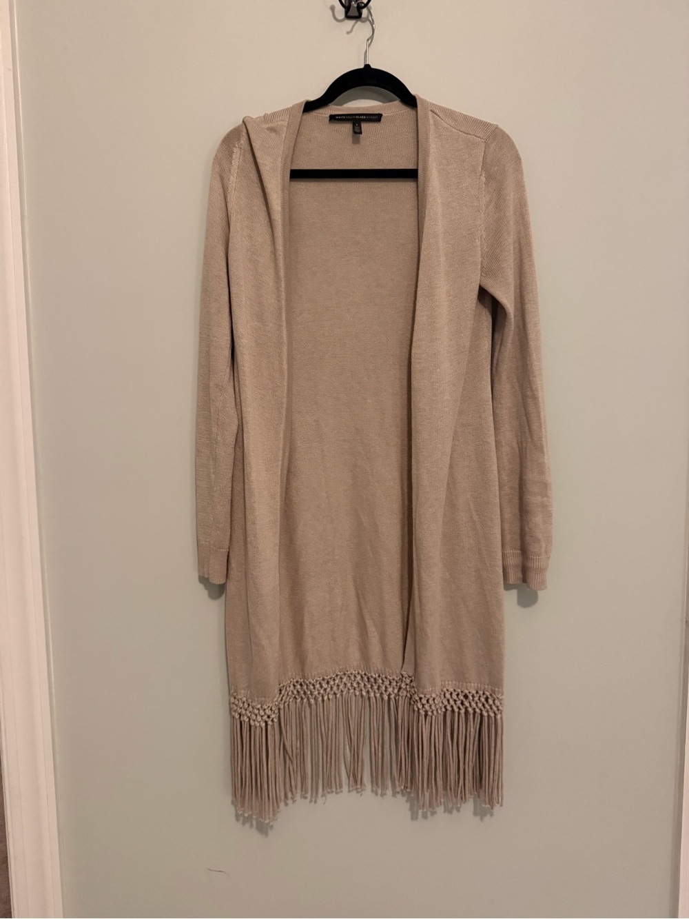 White House Black Market Beige Fringe Open Cardigan